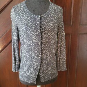 Talbots Womens Leopard Print Cardigan Sweater Medium Cotton & Rayon Blend Gray &